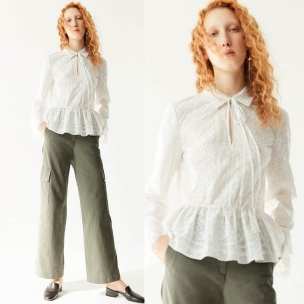 R‎ R Studio x Barneys Womens Luxury Lace Collared Top NWT White Short Sleeve